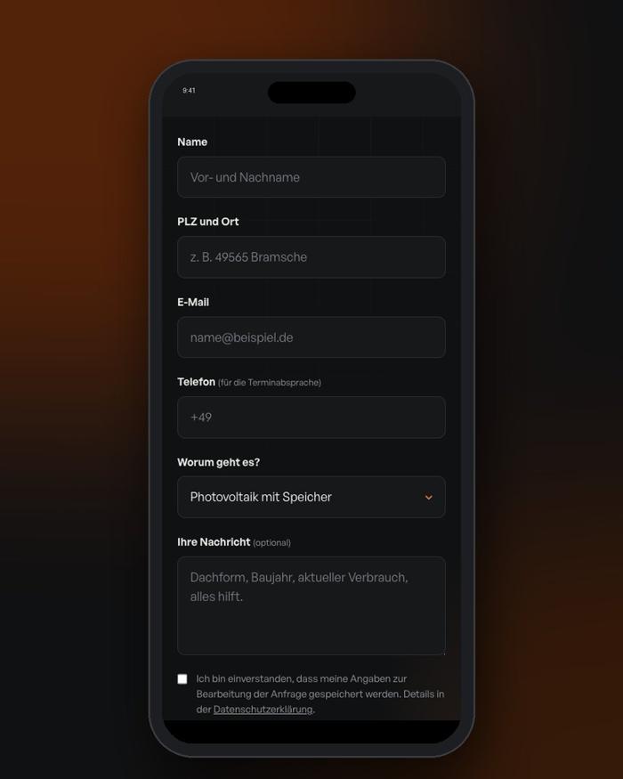Anfrageformular von Sonne & Wärme auf dem Smartphone
