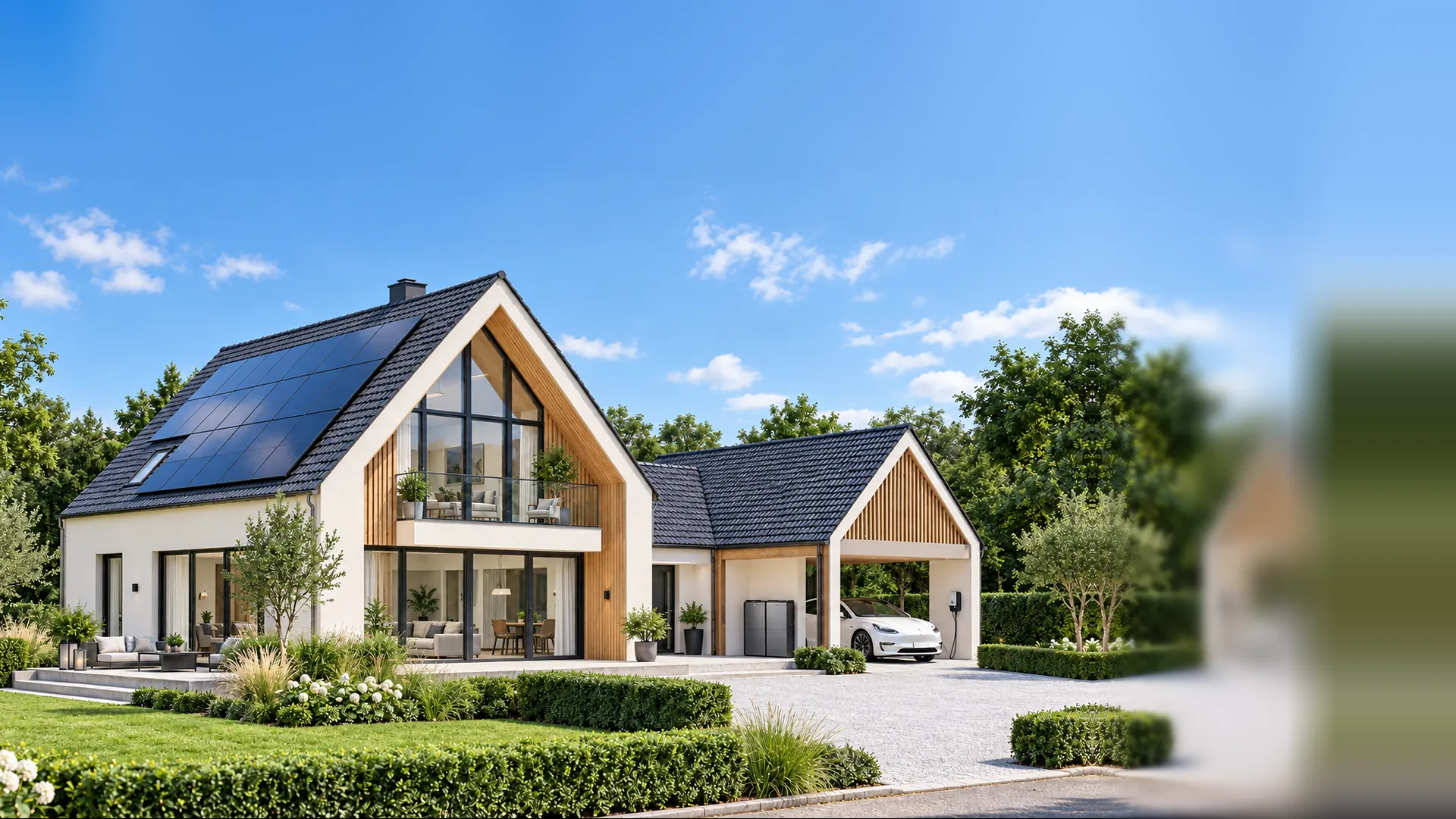 Fotorealistisches Einfamilienhaus mit Solarmodulen, Wechselrichter, Speicher, Wallbox und Stromnetz; orange Linien zeigen, wohin der Strom gerade fließt.
